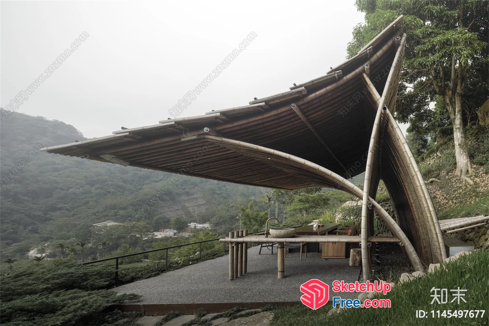 Outdoor Bamboo Pavilion With Sloping Roof 3D SketchUp File