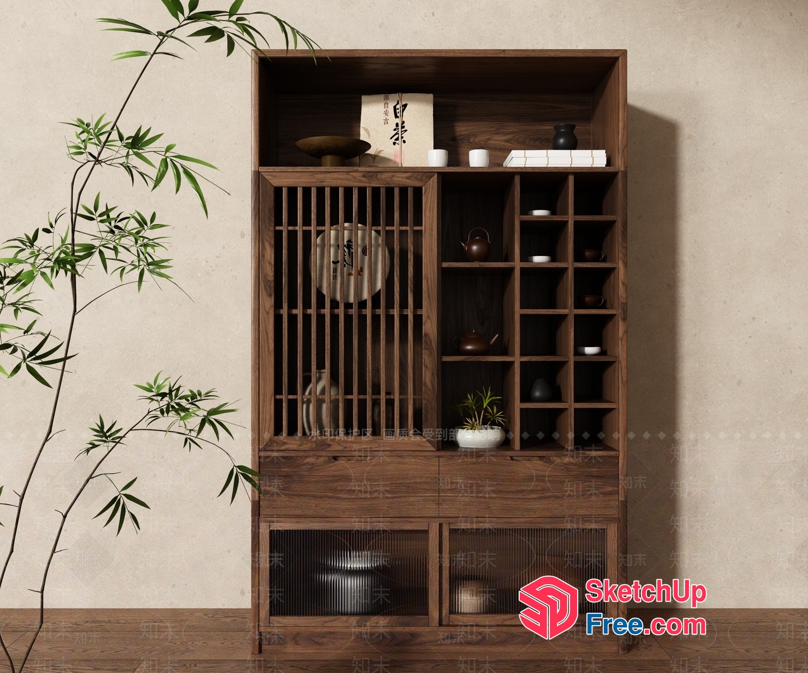 Asian-Inspired Wooden Cabinet With Traditional Decor 3D SketchUp File