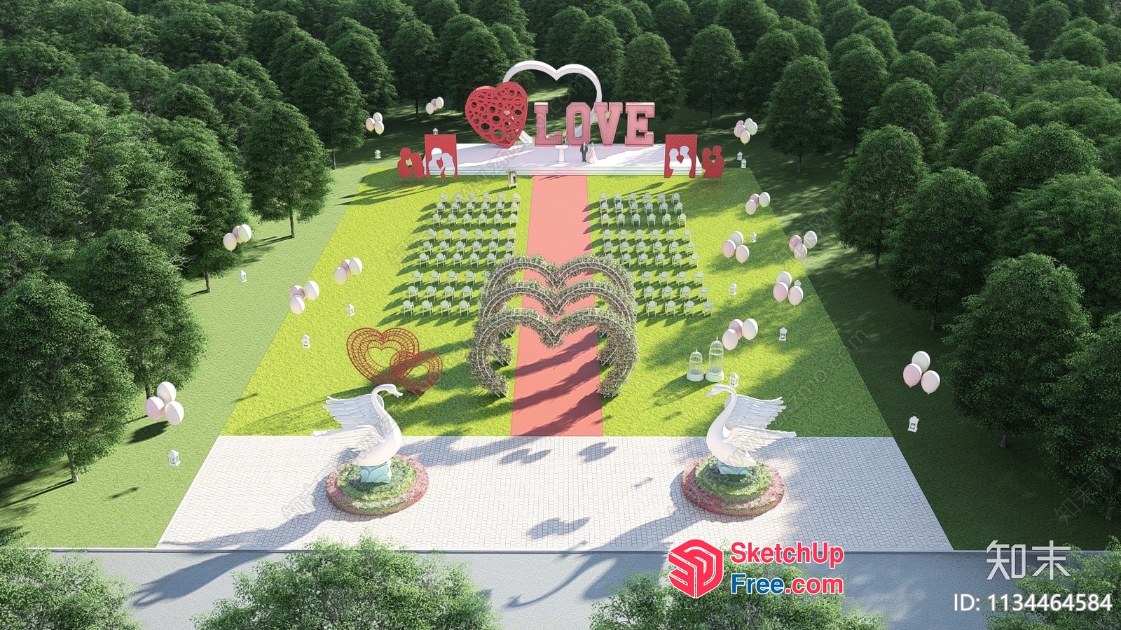 Aerial View Of A Park With A Heart-Shaped Garden And Decorative Elements 3D SketchUp File