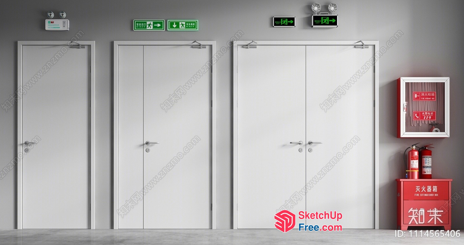 Interior Hallway With Doors, Fire Extinguishers, And Emergency Signs 3D SketchUp File