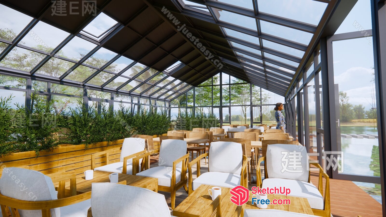 Modern Glass Conservatory With Wooden Furniture 3D SketchUp File