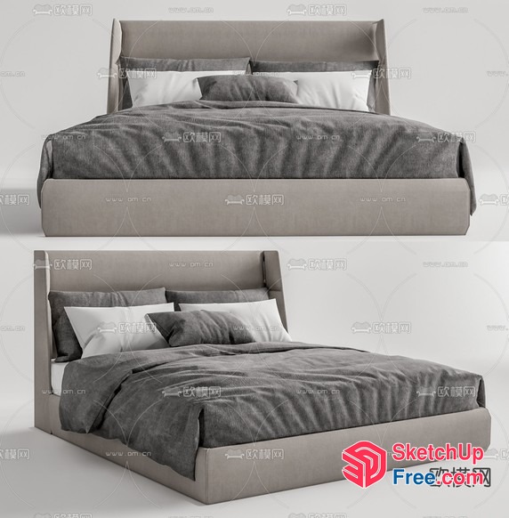 Modern Gray Bed With Pillows And Blanket 3D SketchUp File