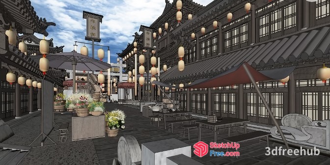 Traditional Asian Street Market Scene 3D SketchUp File