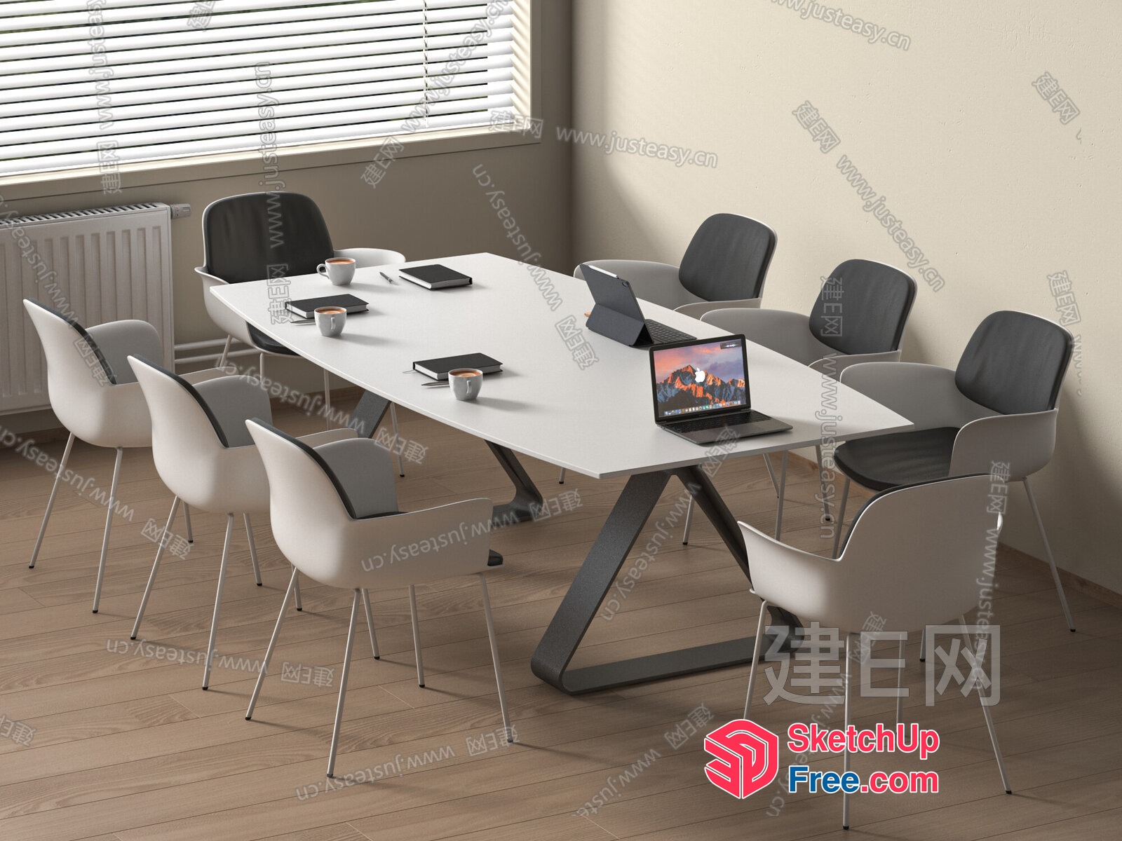 Modern Conference Room With Sleek White Table And Laptops 3D SketchUp File