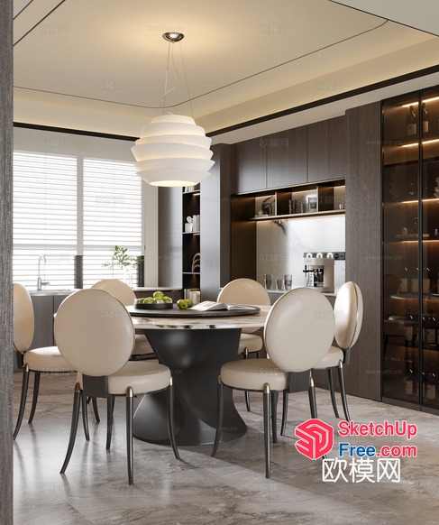 Elegant Modern Dining Room With White Chairs And Table 3D SketchUp File