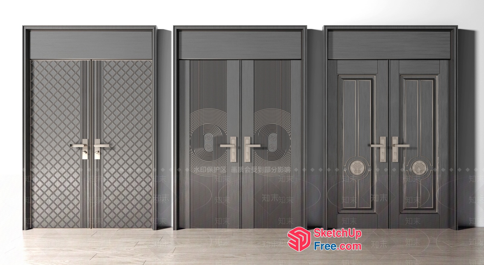Three Ornate Doors With Metallic Handles 3D SketchUp File