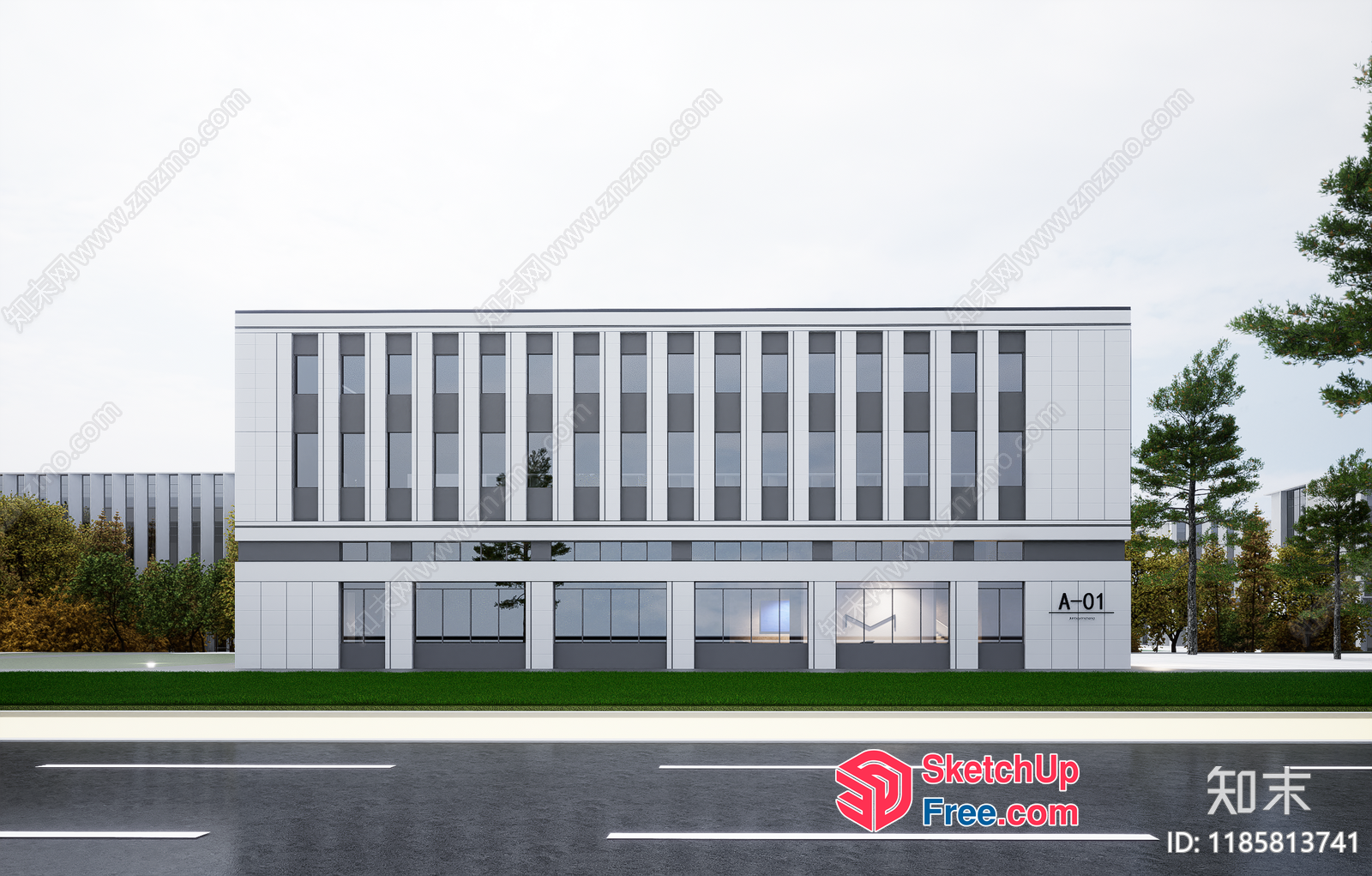 Modern Office Building With Glass Curtain Wall 3D SketchUp File