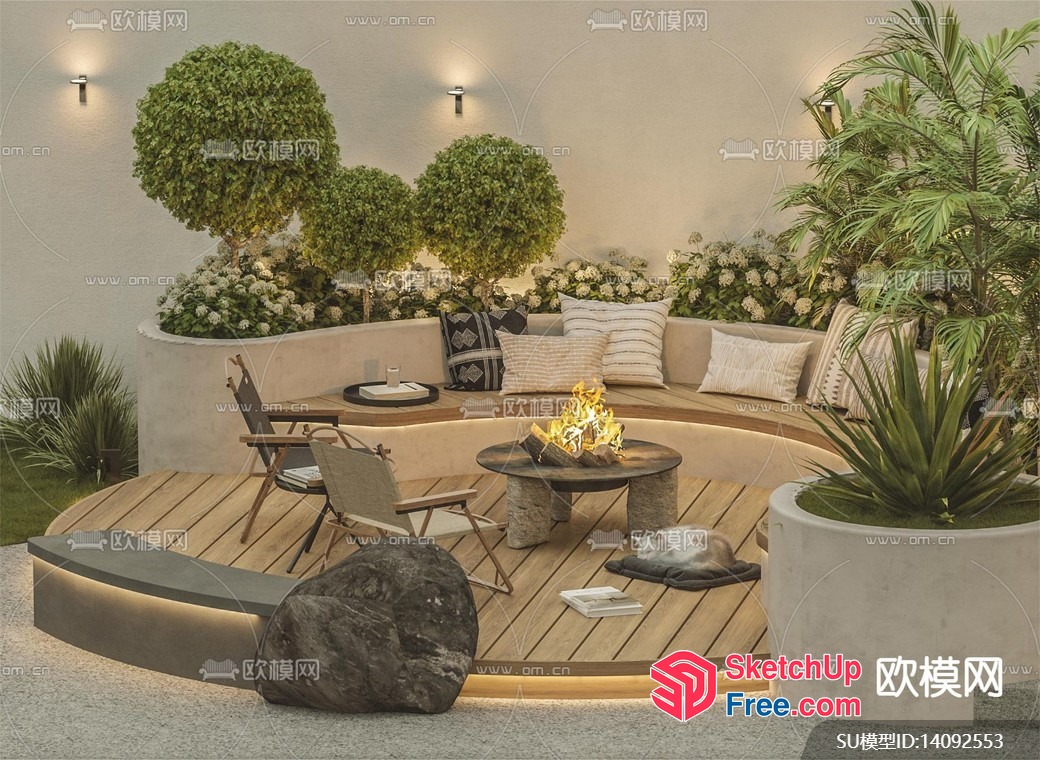 Elegant Outdoor Seating Area With Fire Pit And Wood Deck 3D SketchUp File