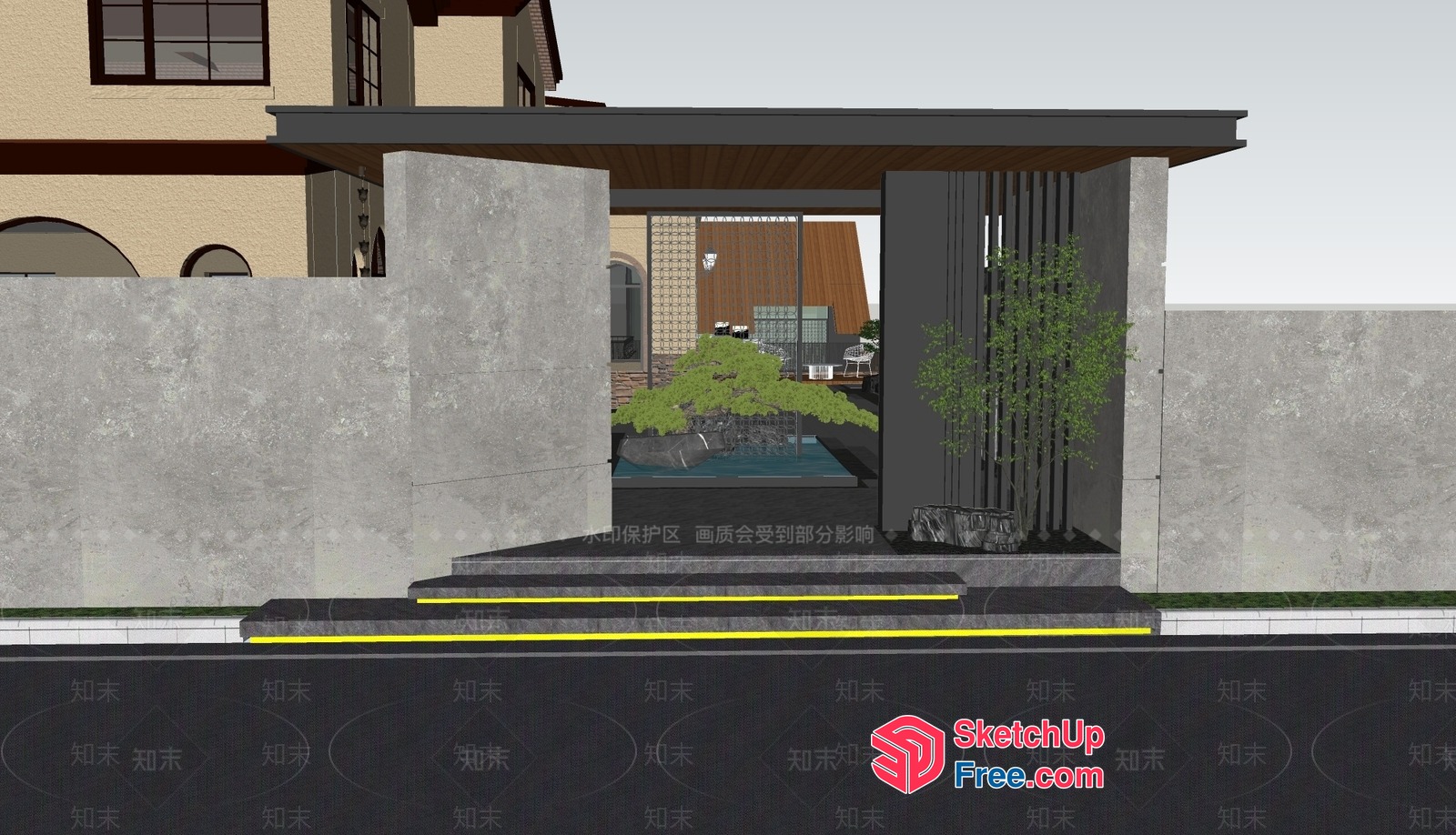Modern Entrance With Stairs And Pool 3D SketchUp File