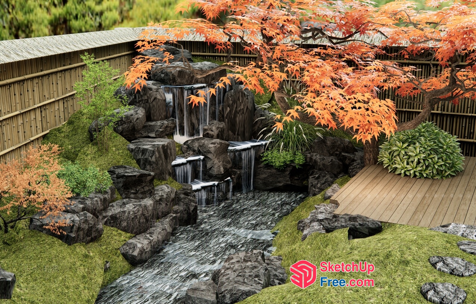 Japanese Style Waterfall Garden With Mossy Rocks And Trees 3D SketchUp File