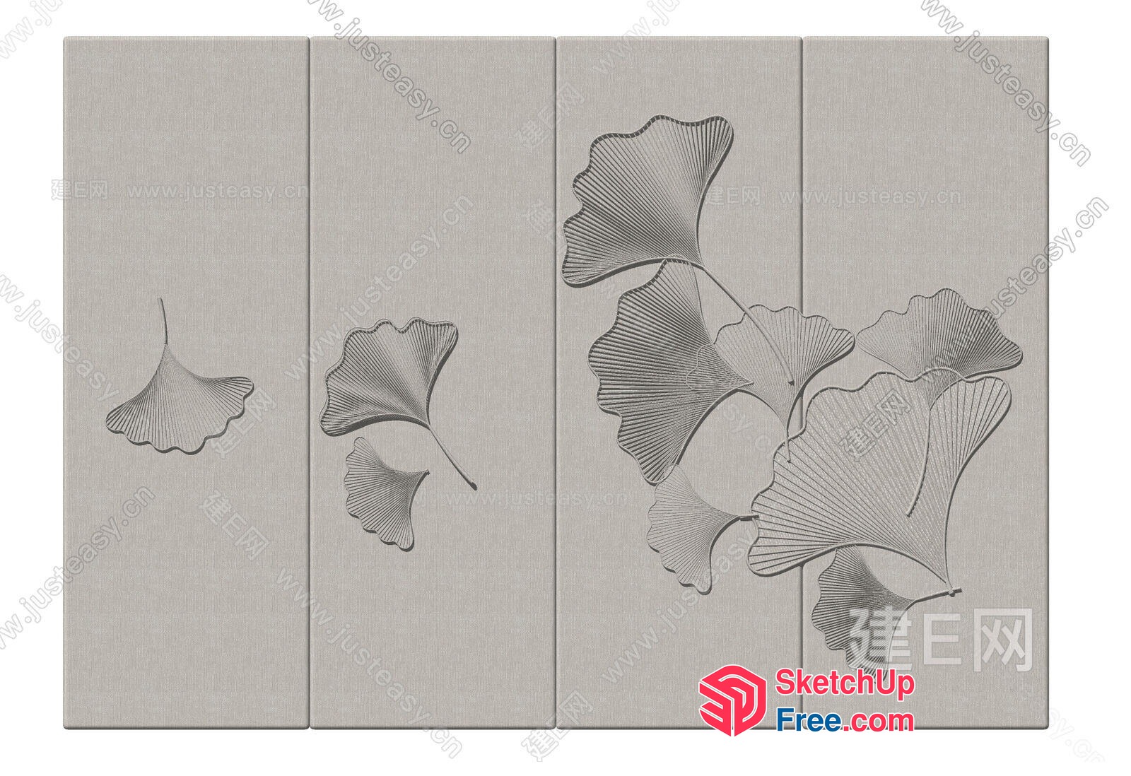 Elegant Ginkgo Leaves Carved On Wooden Panels 3D SketchUp File