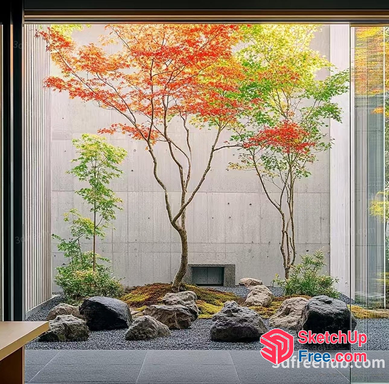 Japanese Style Garden With Trees And Rocks 3D SketchUp File