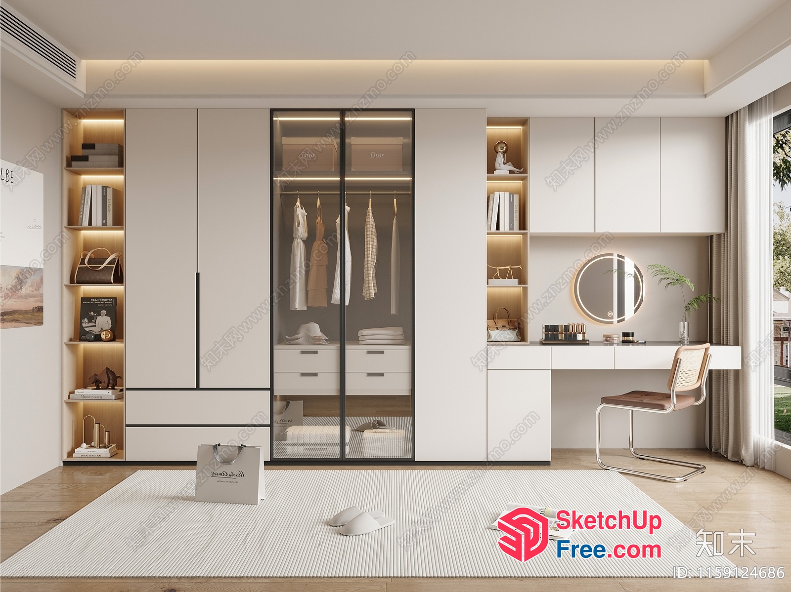Modern Minimalist White Wardrobe With Glass Doors And Shelves 3D SketchUp File