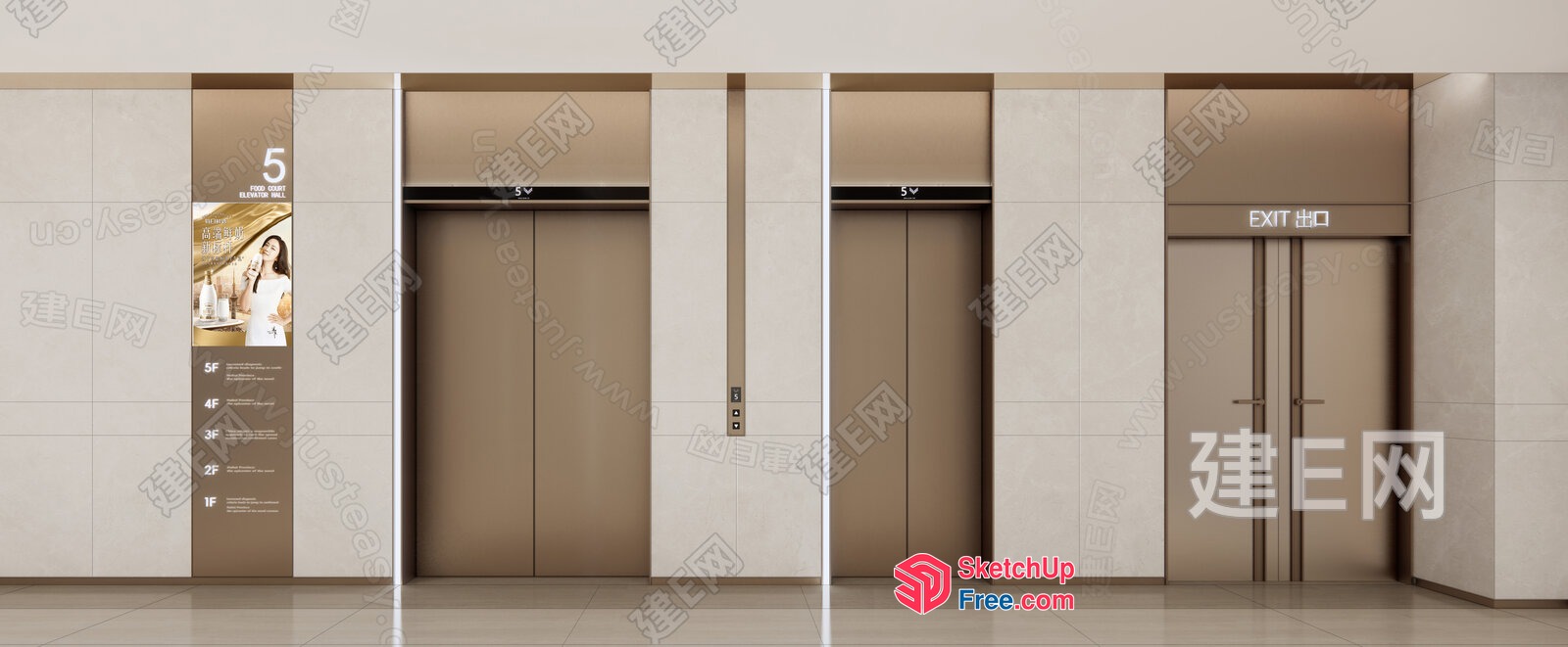 Modern Commercial Building Interior With Elevators And Stairs 3D SketchUp File