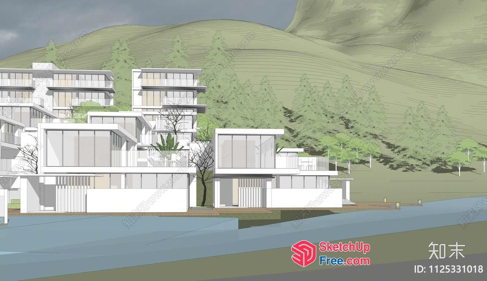 Modern White Buildings With Glass Windows And Trees 3D SketchUp File