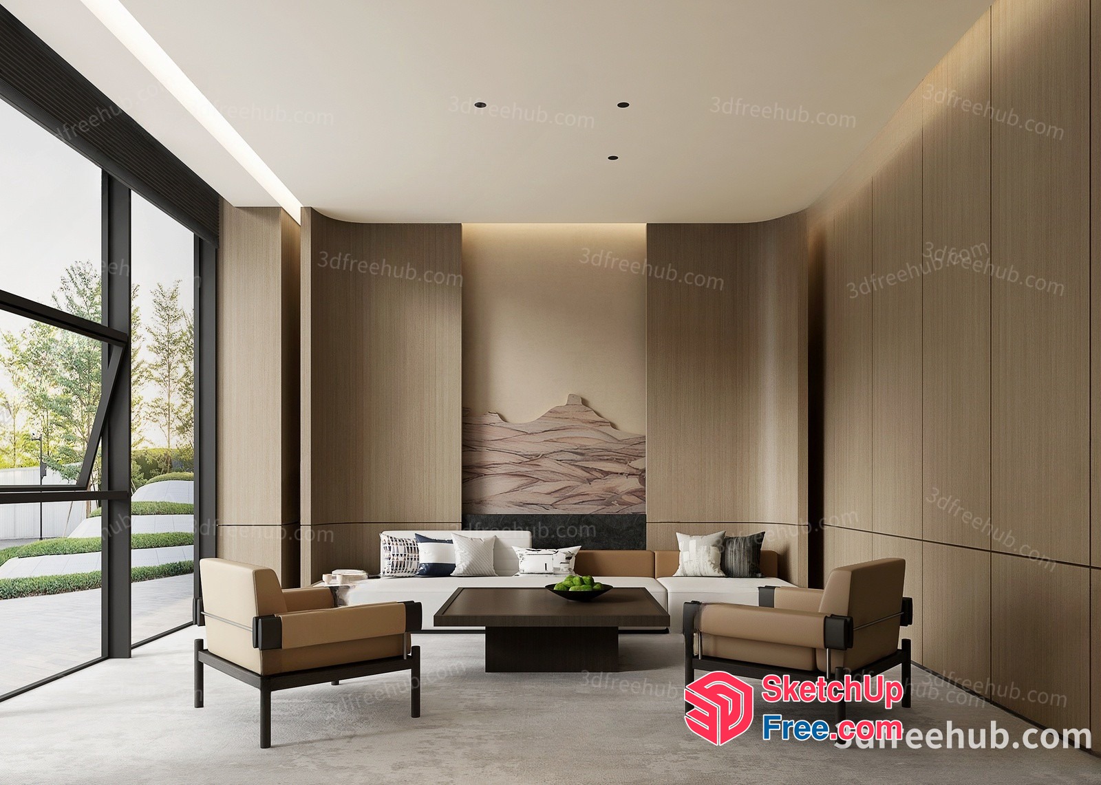 Modern Living Room With Elegant Furniture And Large Windows 3D SketchUp File