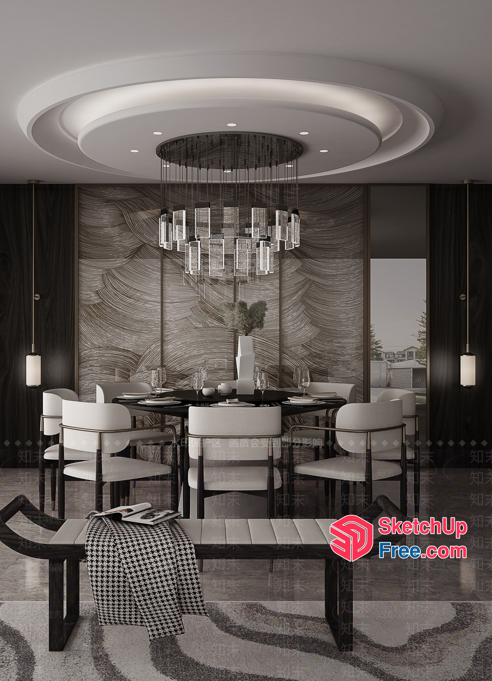Modern Dining Room With Elegant Chandelier And Bench 3D SketchUp File