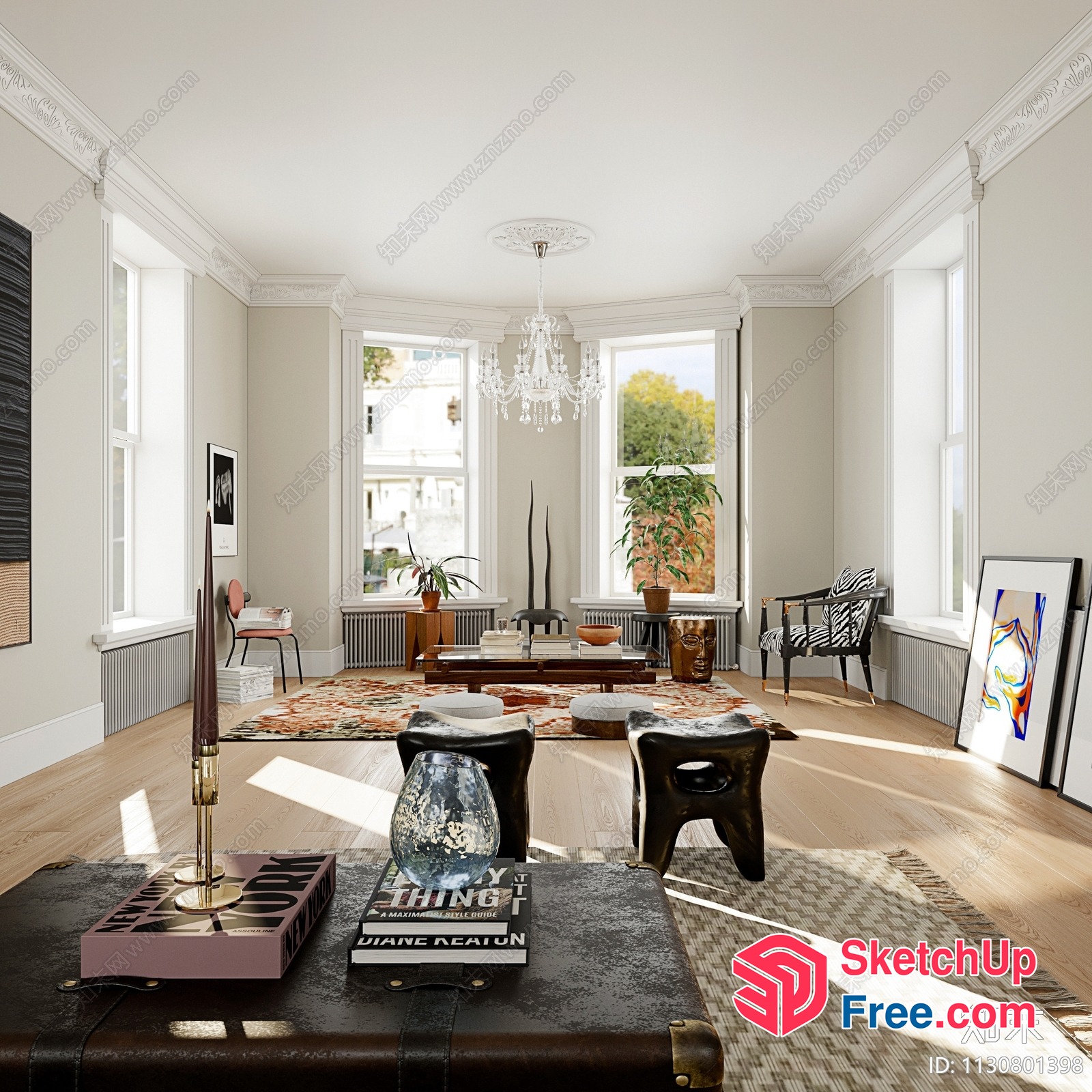 Elegant Modern Living Room With Classic Moulding And Natural Light 3D SketchUp File