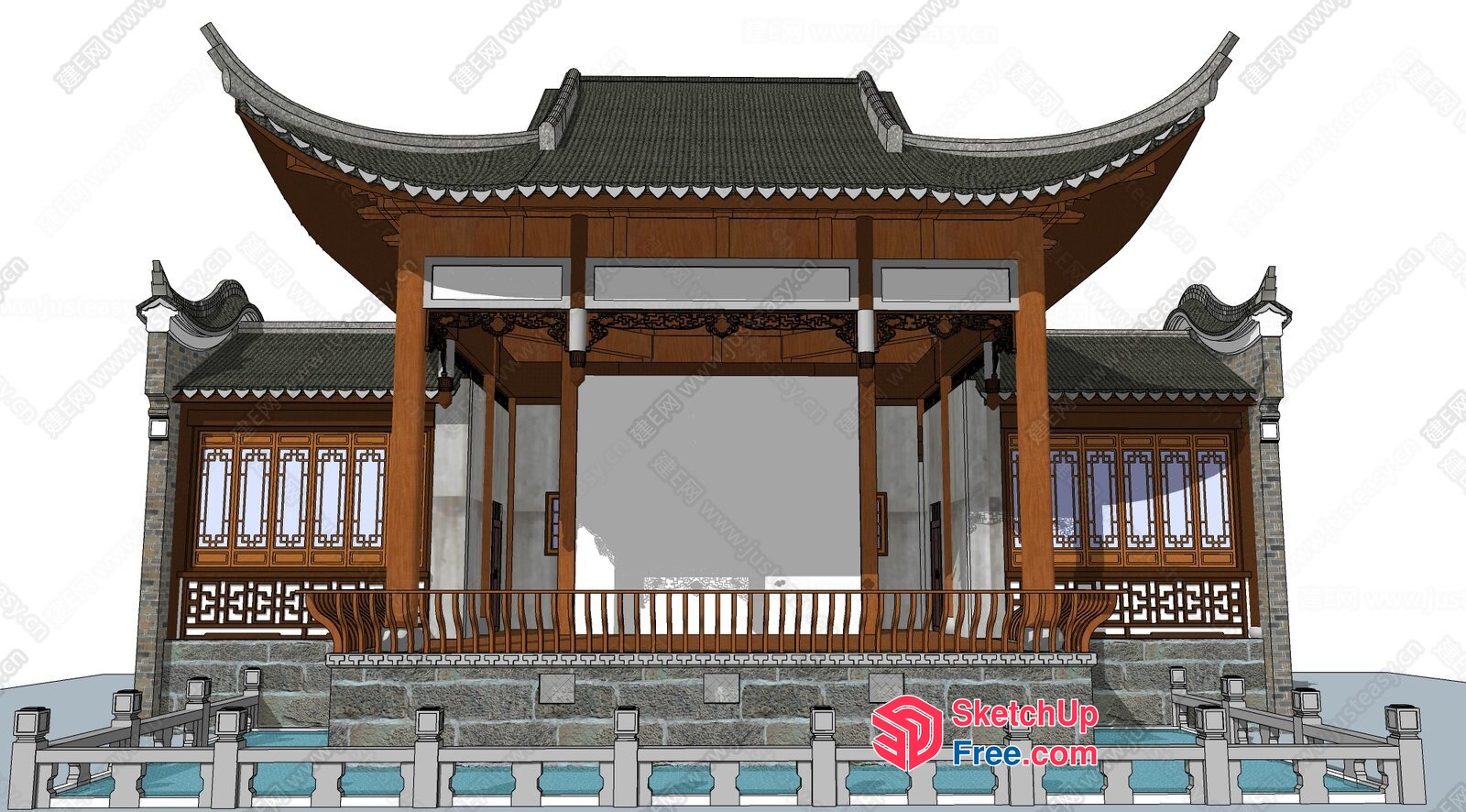 Traditional Asian-Style Building With Ornate Roof And Balcony 3D SketchUp File