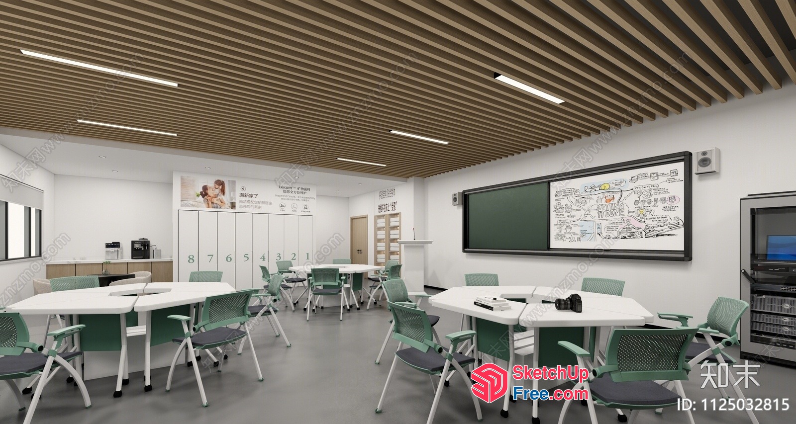 Modern Minimalist Classroom Interior With Green Accents 3D SketchUp File