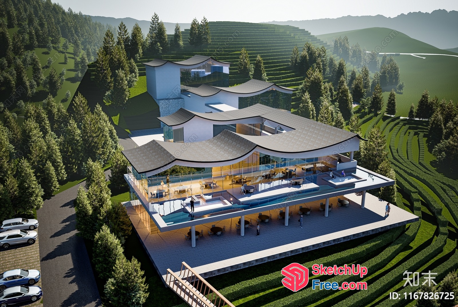 Modern Japanese-Style Villa With Large Glass Windows And Rooftop Pool 3D SketchUp File