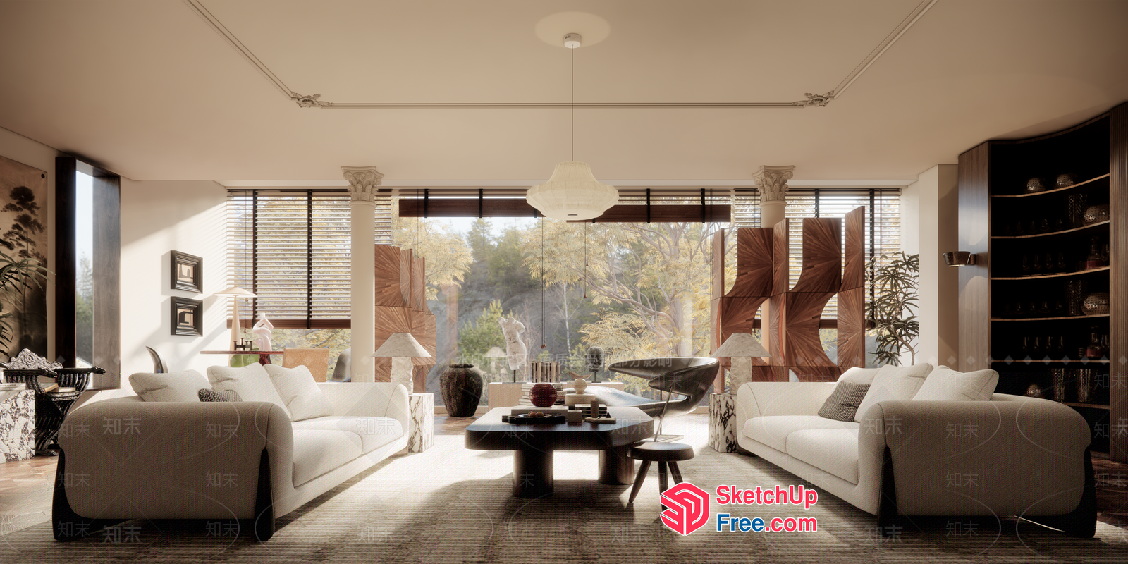 Modern Living Room With Large Windows And White Furniture 3D SketchUp File