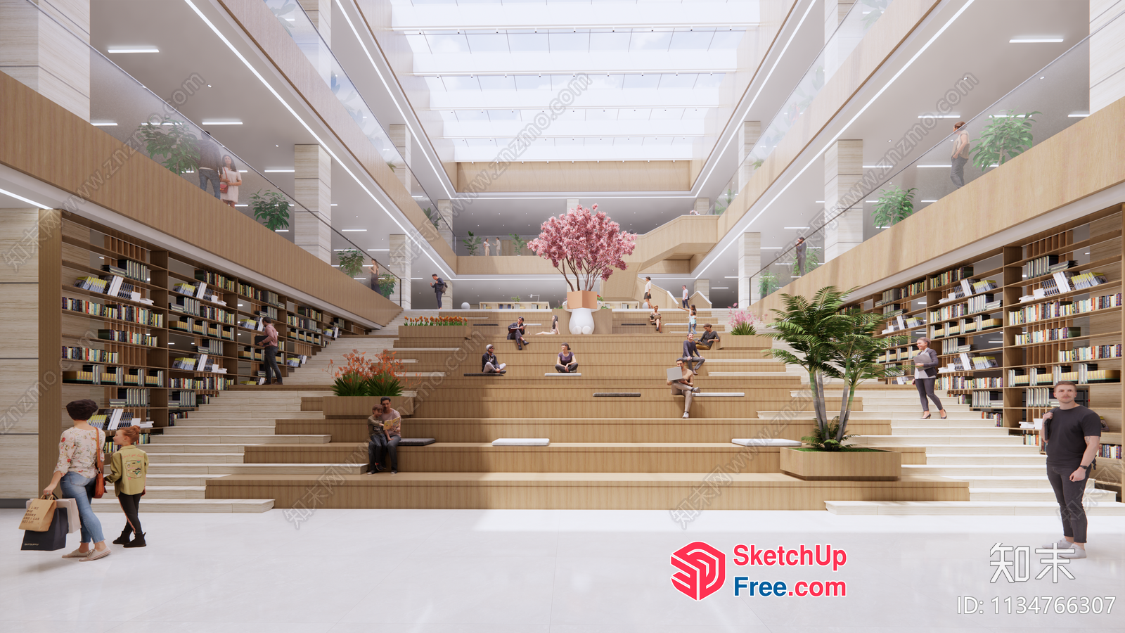 Library Interior With Staircase And Bookshelves 3D SketchUp File