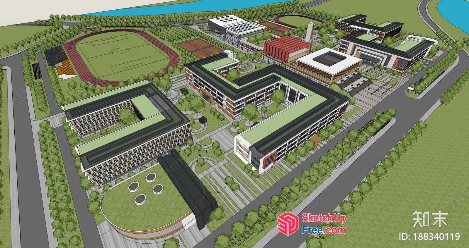 Modern Commercial Street With Office Buildings And Green Spaces 3D SketchUp File