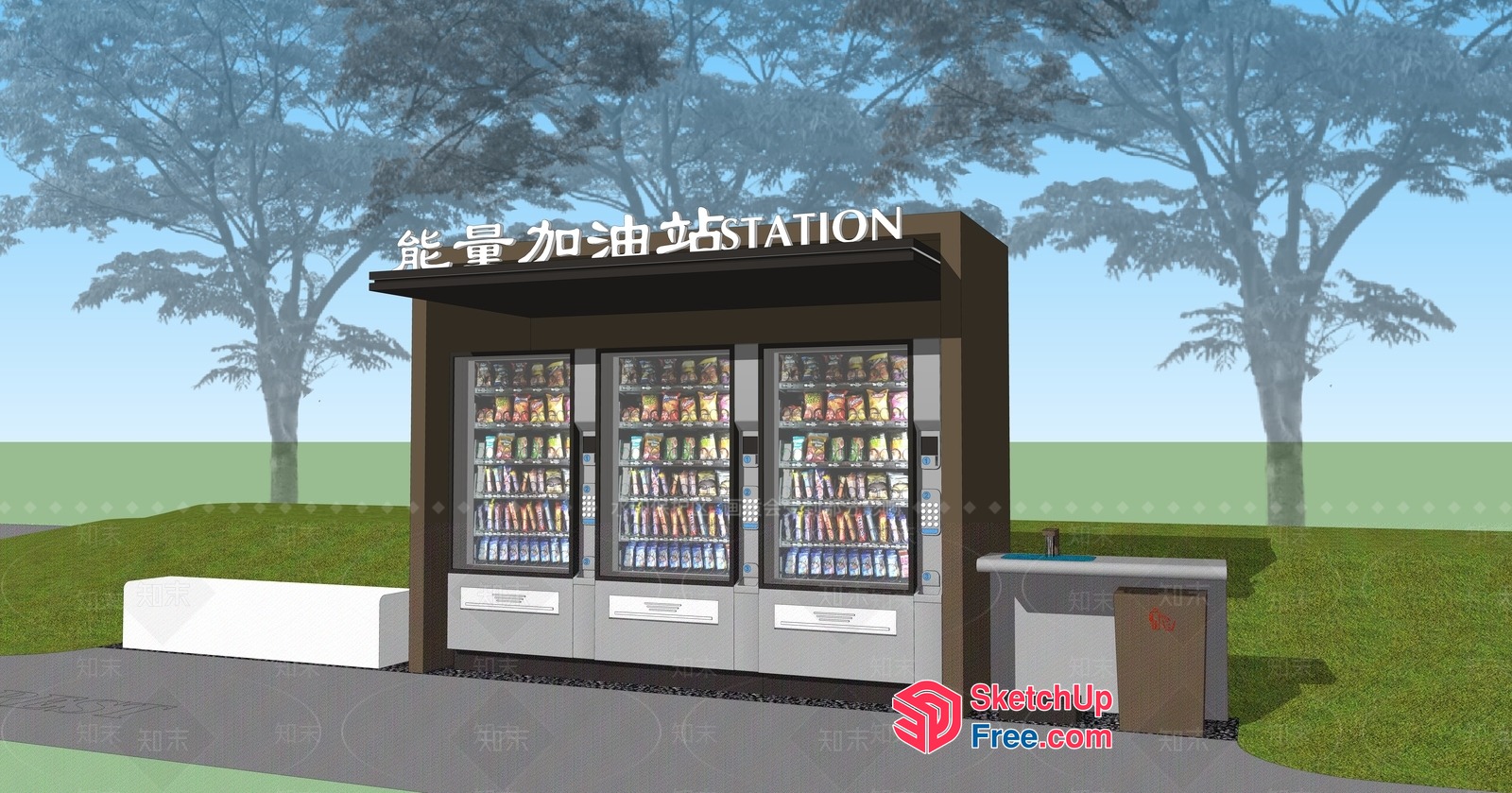 Outdoor Convenience Store With Glass Windows And Shelves 3D SketchUp File