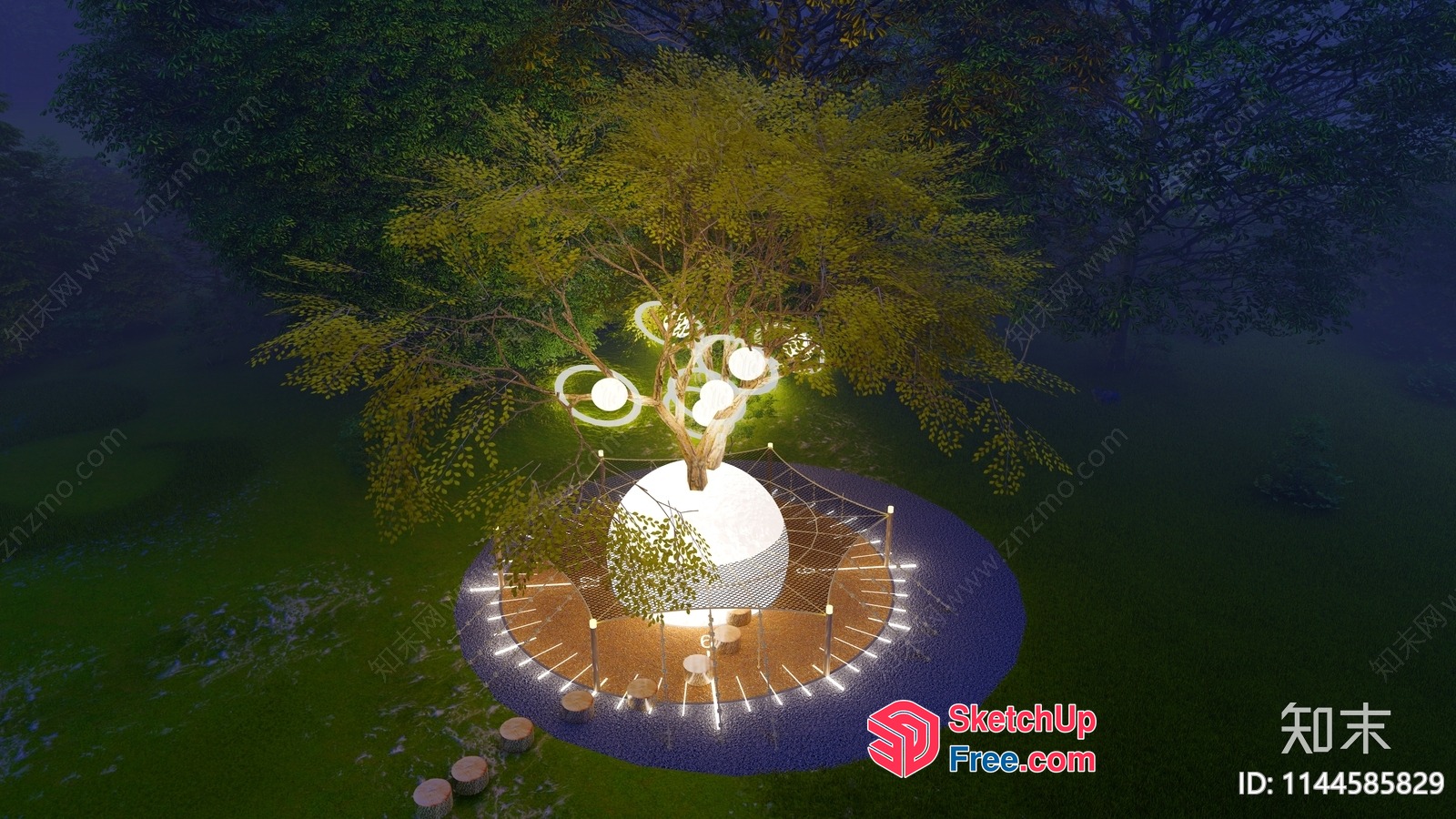 Exterior Scene With Tree And Lighted Decor 3D SketchUp File