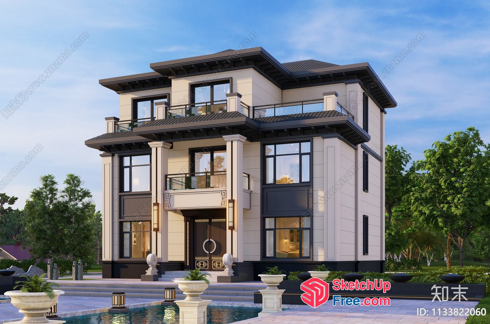 Elegant European-Style Villa With Grand Entrance And Balcony 3D SketchUp File
