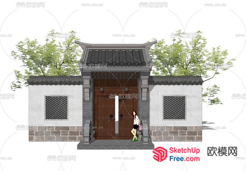 Traditional Chinese Building Entrance With Ornate Door And Windows 3D SketchUp File