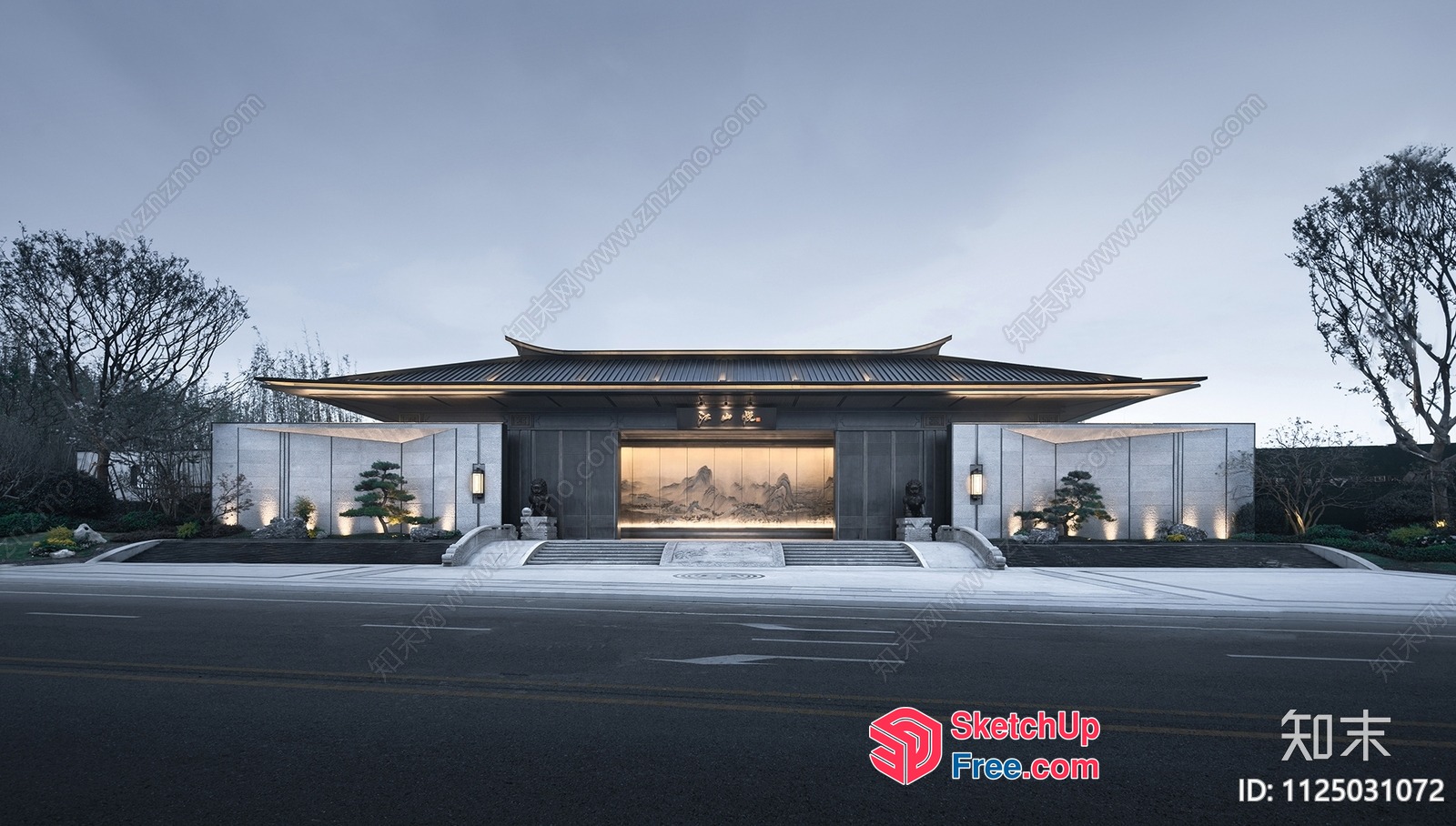 Asian-Inspired Building With Traditional Roof And Decor 3D SketchUp File