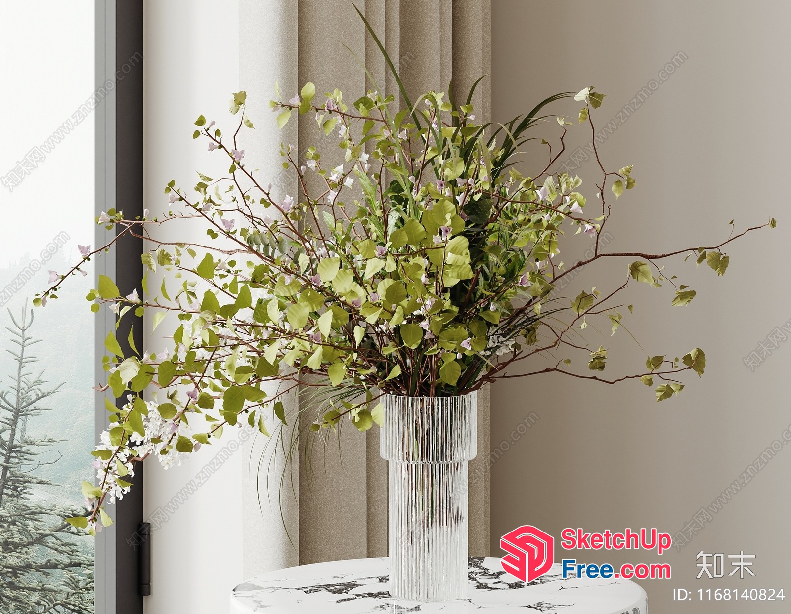 Elegant Glass Vase With Branches And Flowers 3D SketchUp File