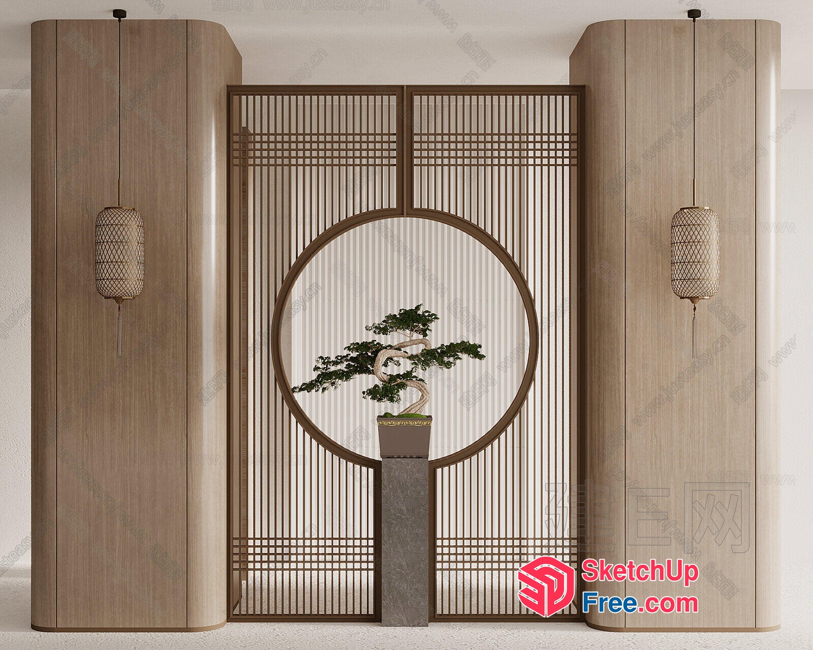 Japanese Style Partition Screen With Potted Tree 3D SketchUp File