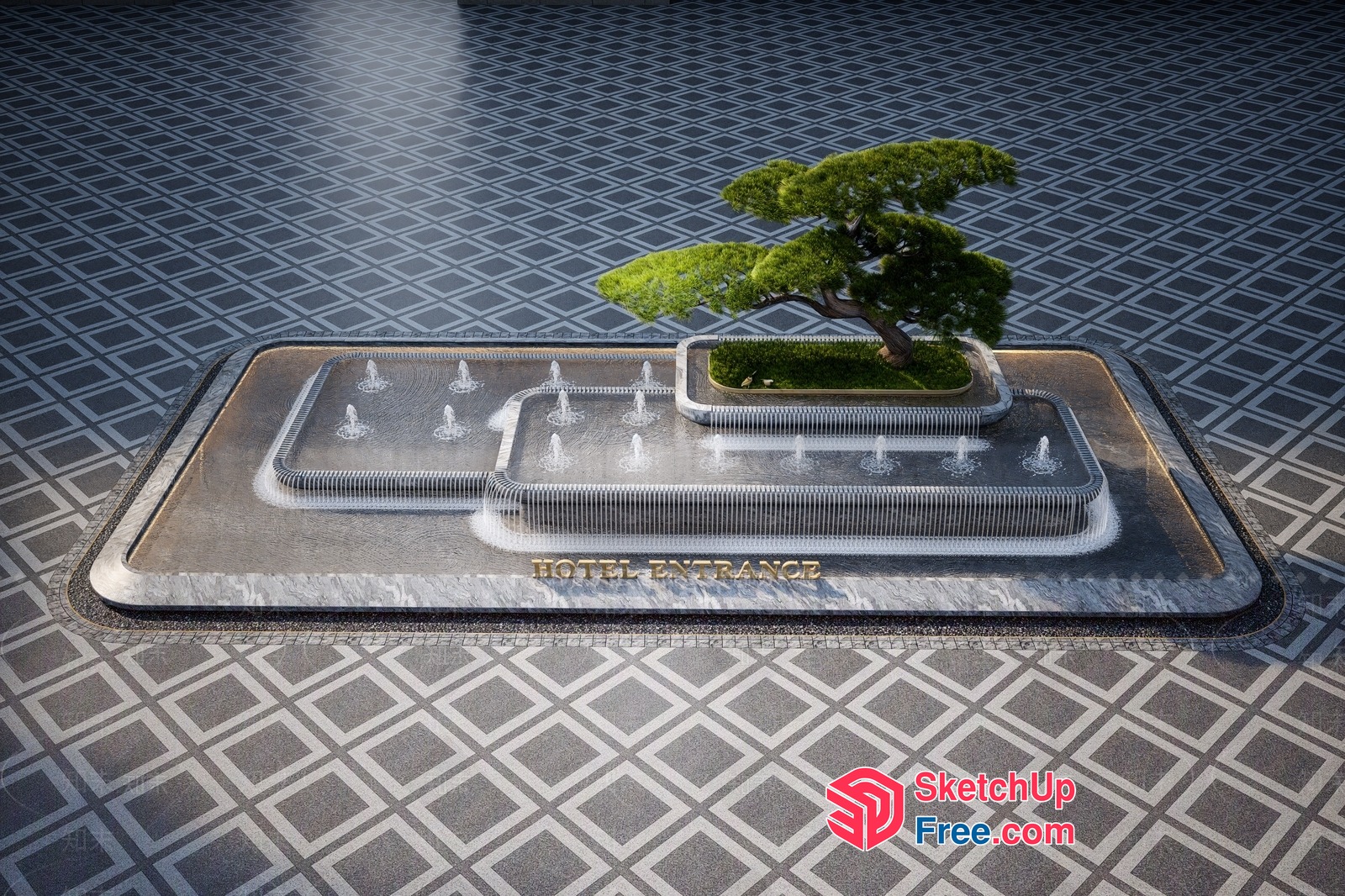 Hotel Entrance With Fountains And Tree 3D SketchUp File