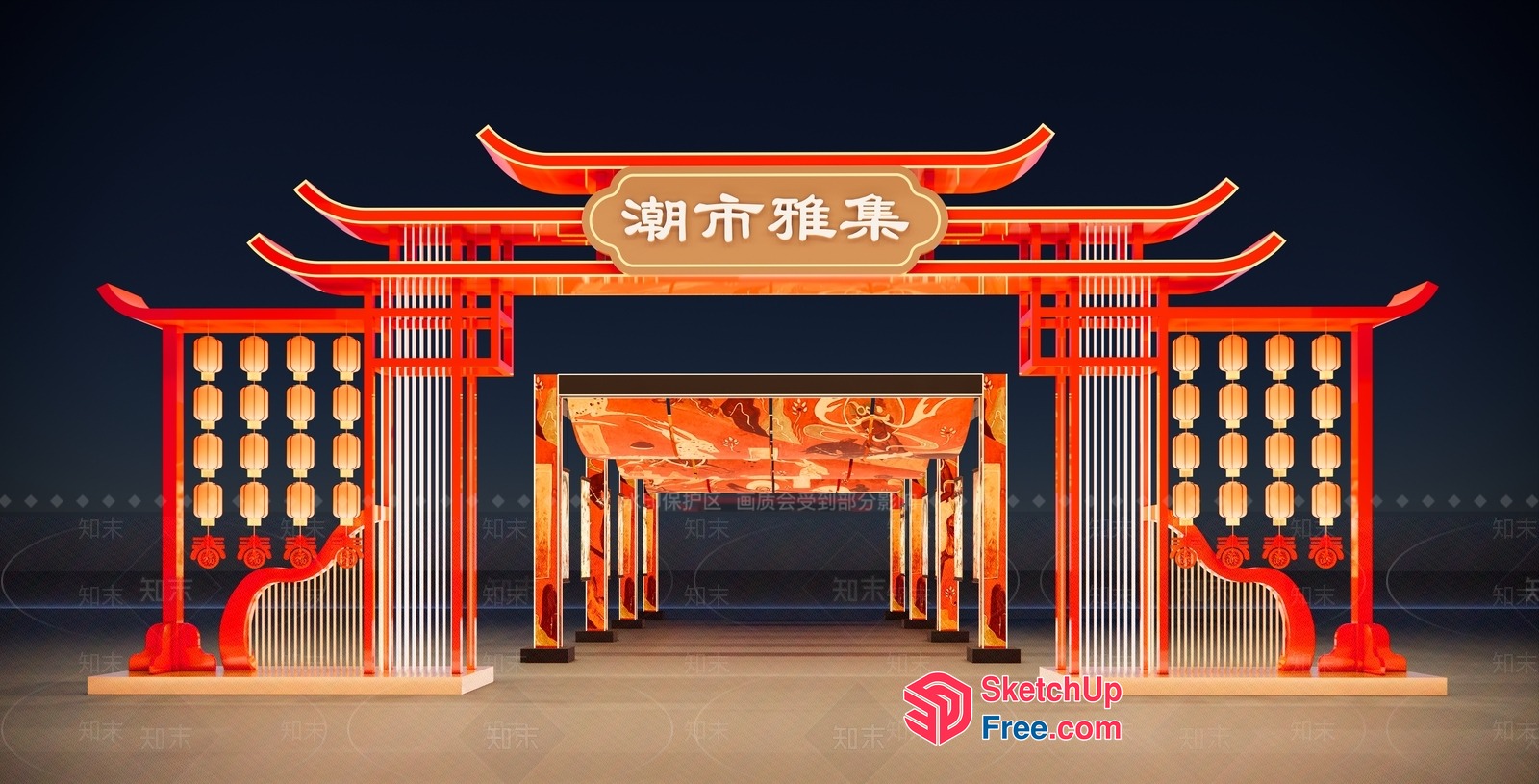 Traditional Asian-Inspired Gate With Lanterns 3D SketchUp File