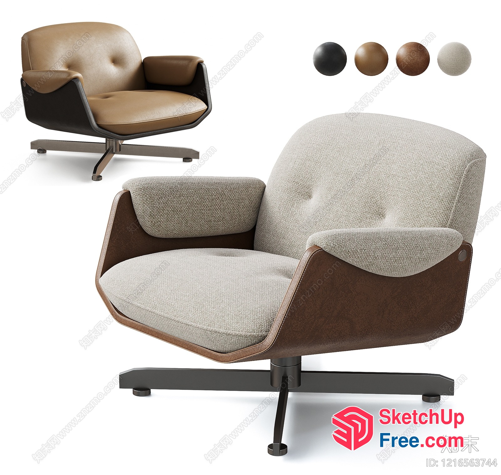 Modern Minimalist Swivel Chair With Creamy And Brown Upholstery 3D SketchUp File