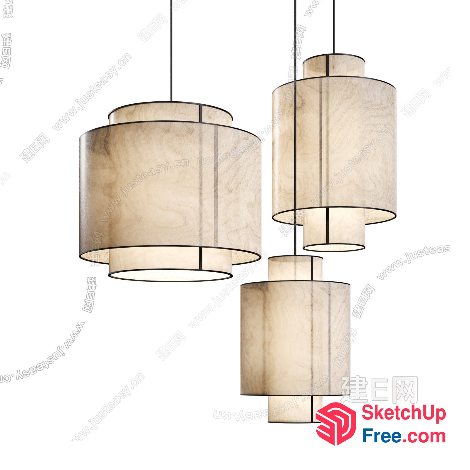Elegant Hanging Light Fixtures With Natural Wood Shades 3D SketchUp File