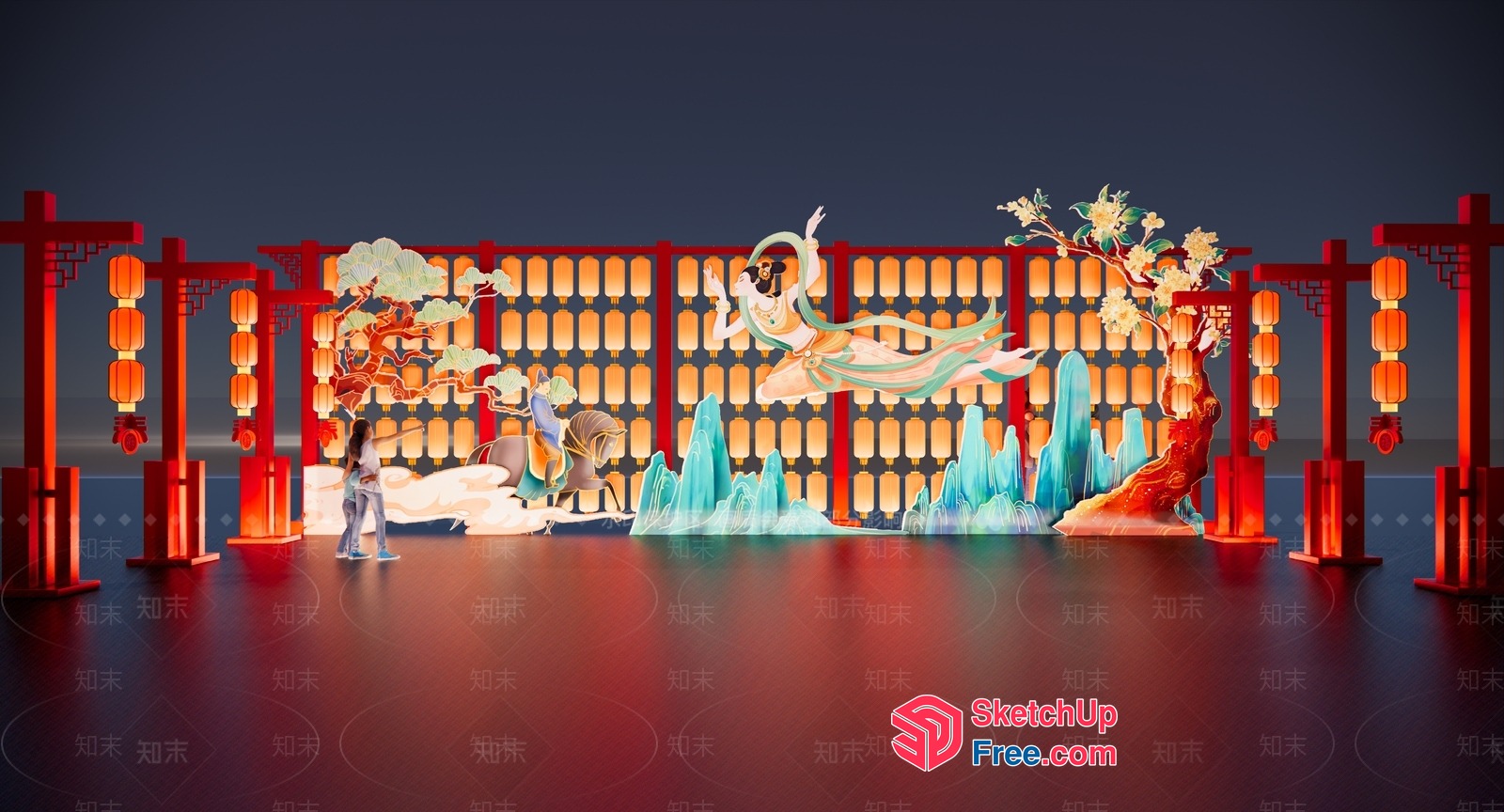 Traditional Chinese Scene With Lanterns And Characters 3D SketchUp File