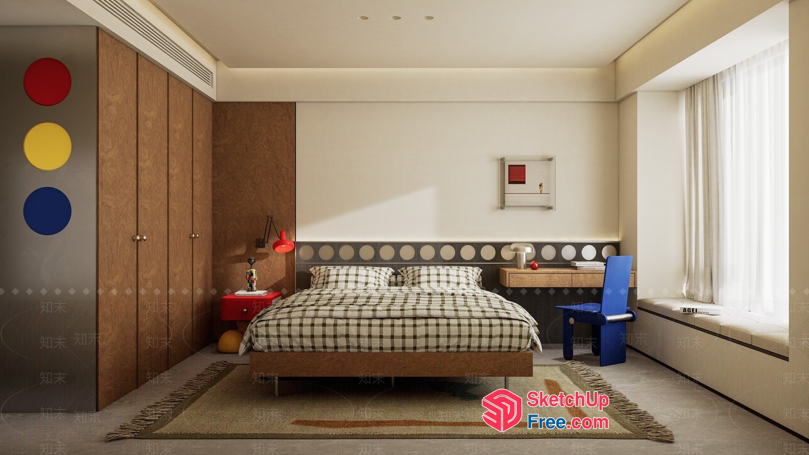Modern Bedroom Interior With Plush Bed And Wooden Cabinets 3D SketchUp File