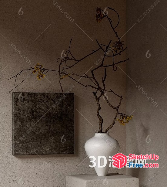 Minimalist White Vase With Branches And Painting 3D SketchUp File