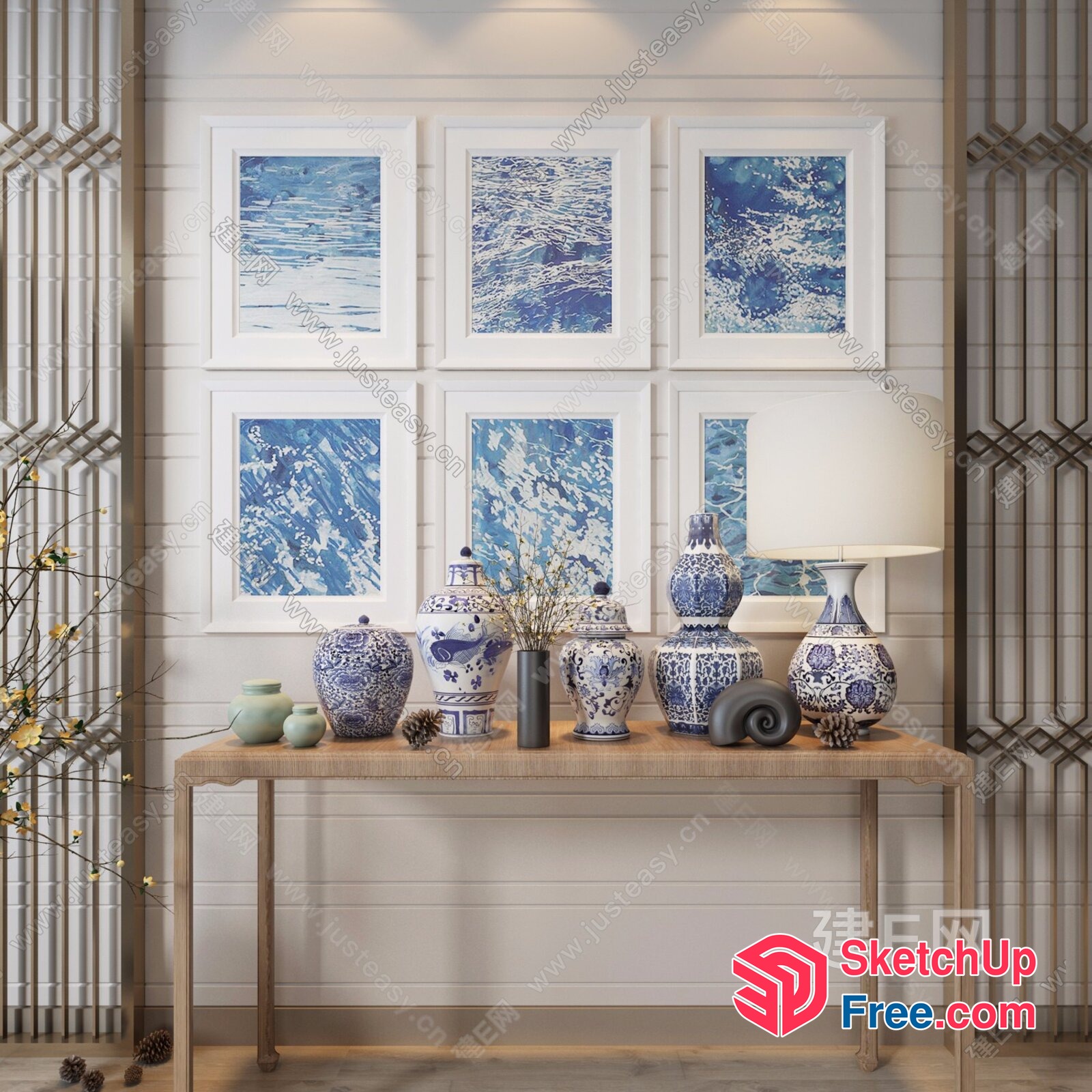 Modern Blue And White Vase Collection In A Stylish Room 3D SketchUp File