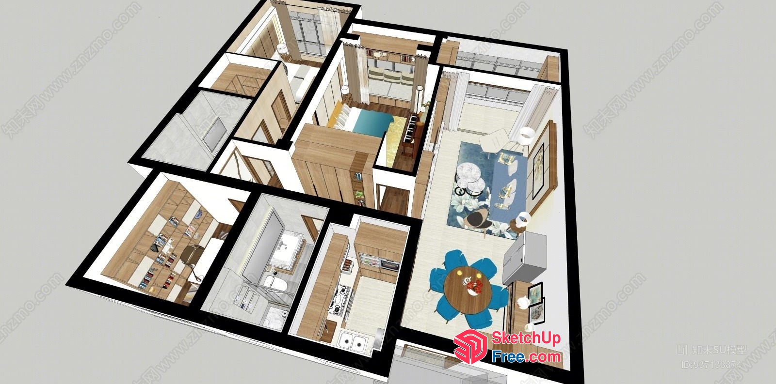 3D Rendering Of A Modern Apartment Floor Plan With Wood Accents 3D SketchUp File