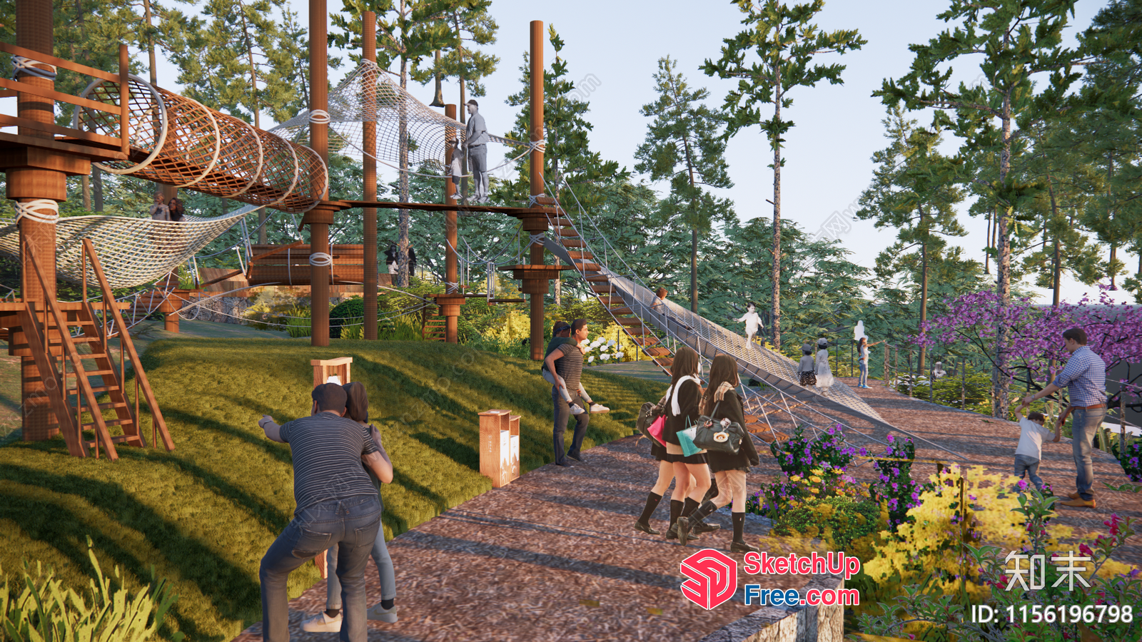 People Enjoying Outdoor Playground With Rope Bridge And Slide 3D SketchUp File
