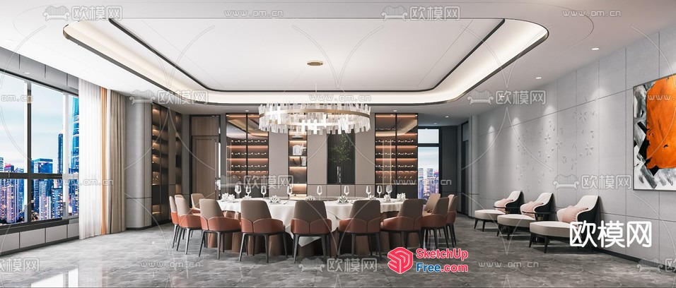 Elegant Dining Room With Modern Lighting And City View 3D SketchUp File