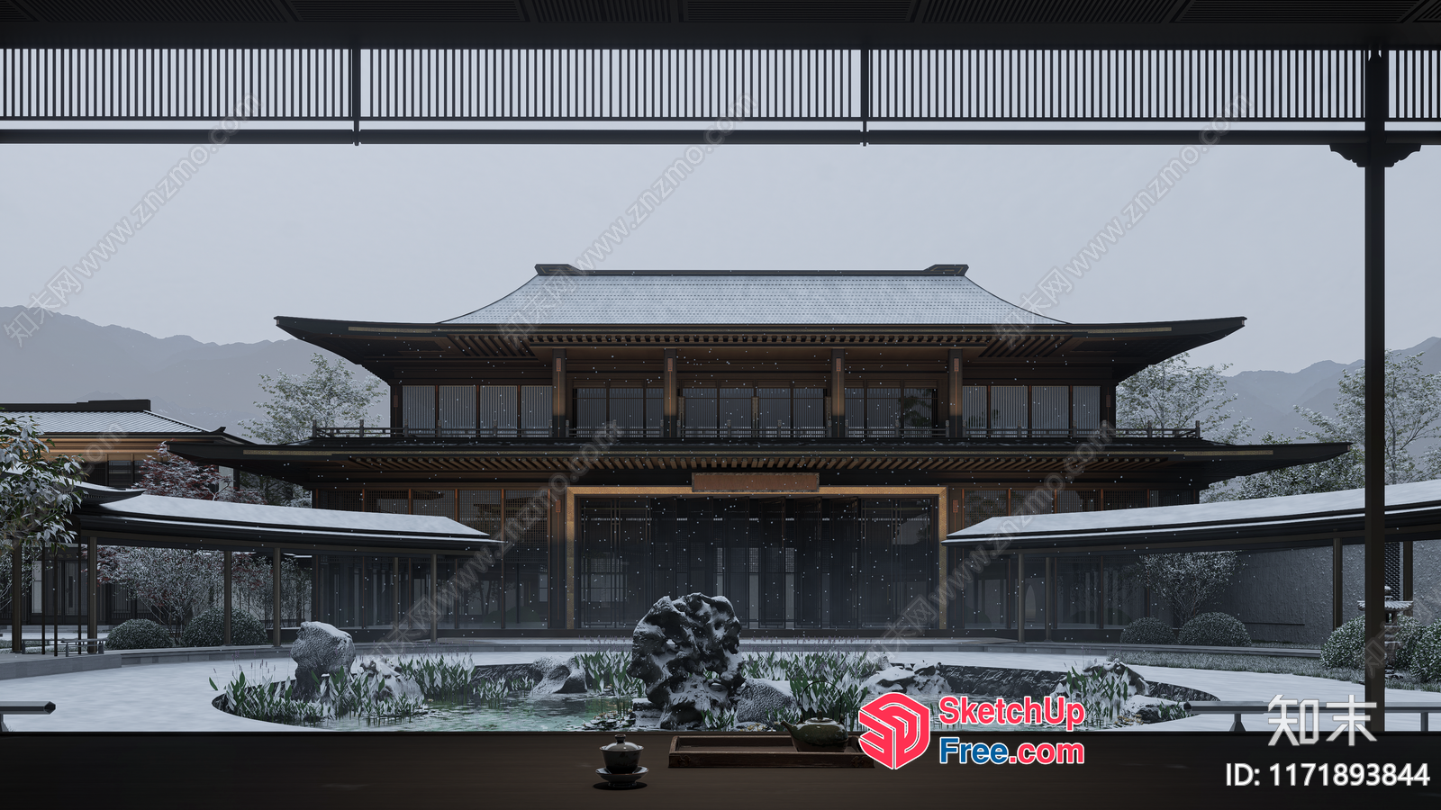 Traditional Japanese Building With Snowy Courtyard 3D SketchUp File