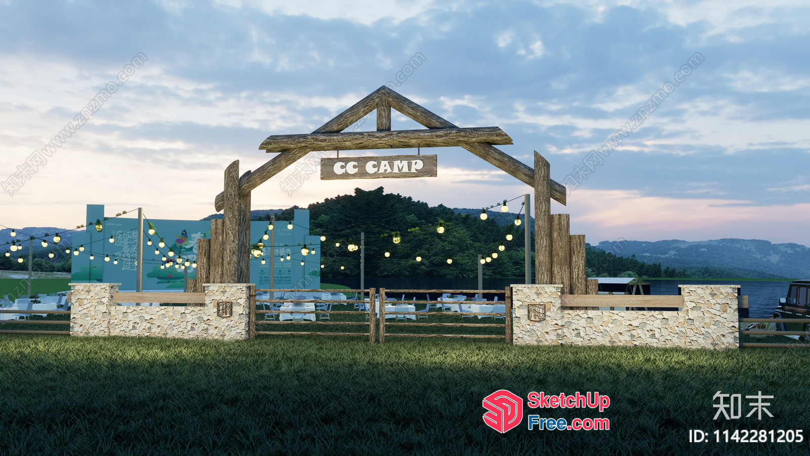 Campground Entrance With Wooden Arch And String Lights 3D SketchUp File