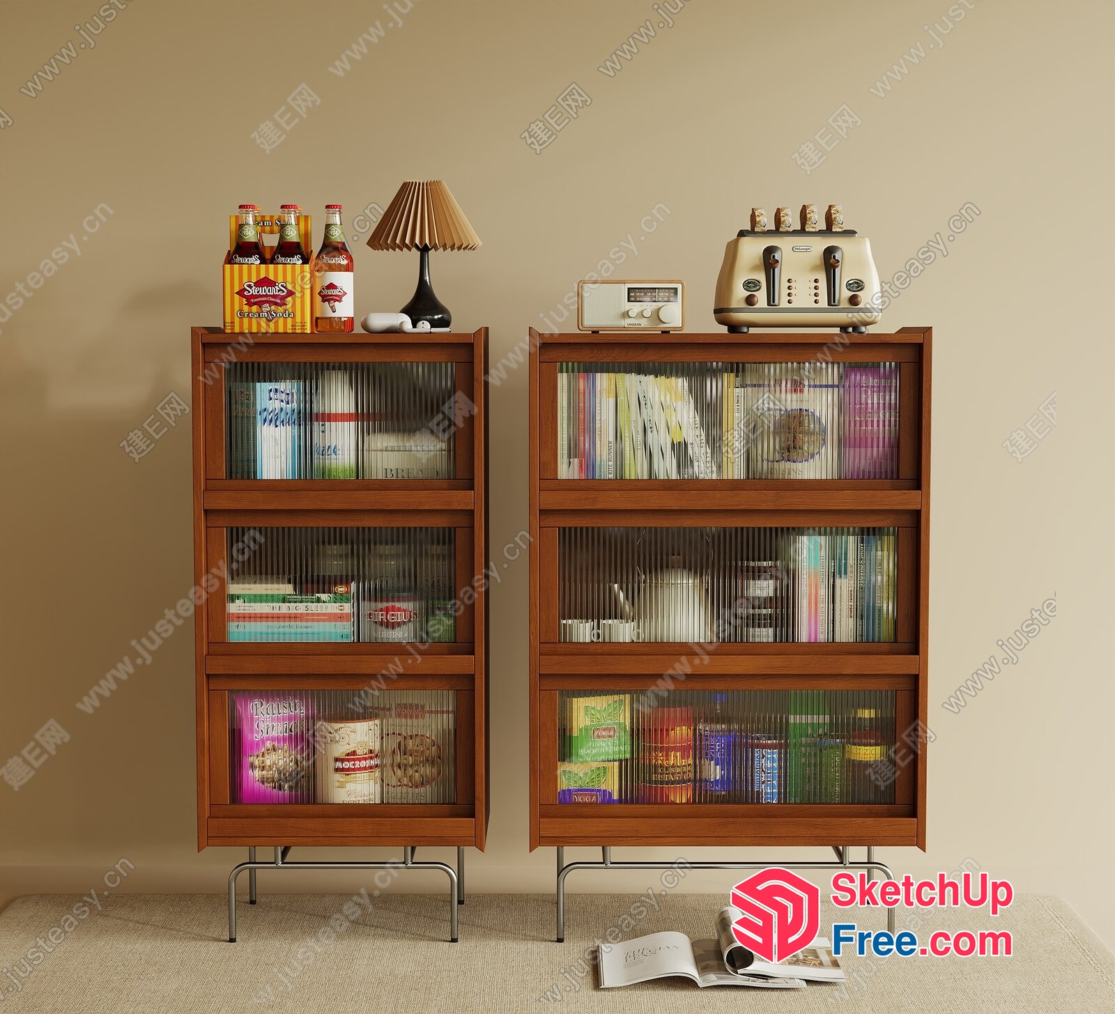 Two Tall Wooden Bookcases With Various Items On Shelves 3D SketchUp File
