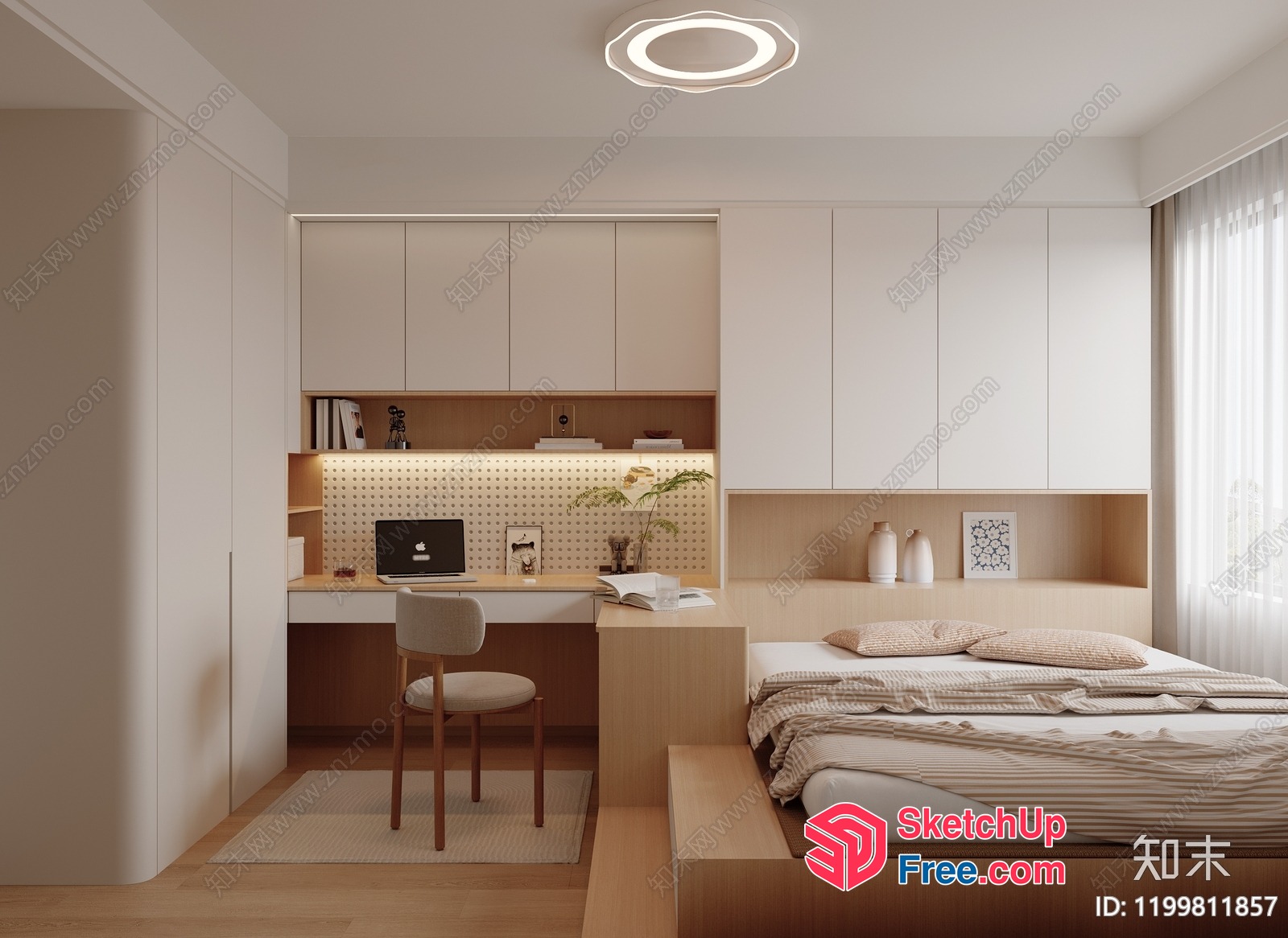 Minimalist Bedroom With Modern Desk And Bed 3D SketchUp File